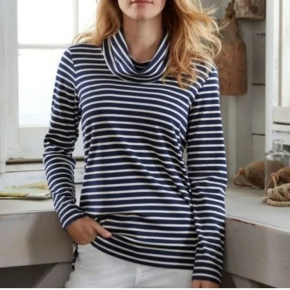L.L. Bean Navy Blue Striped Cowl Neck Sweater Size Medium - Picture 1 of 7